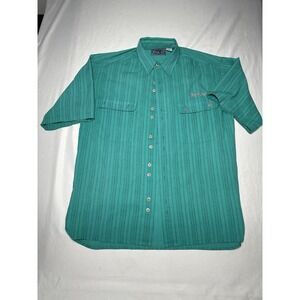 Vintage Men's 90s Bugle Boy Button Up Teal Striped Shirt‎ Large Short Sleeves